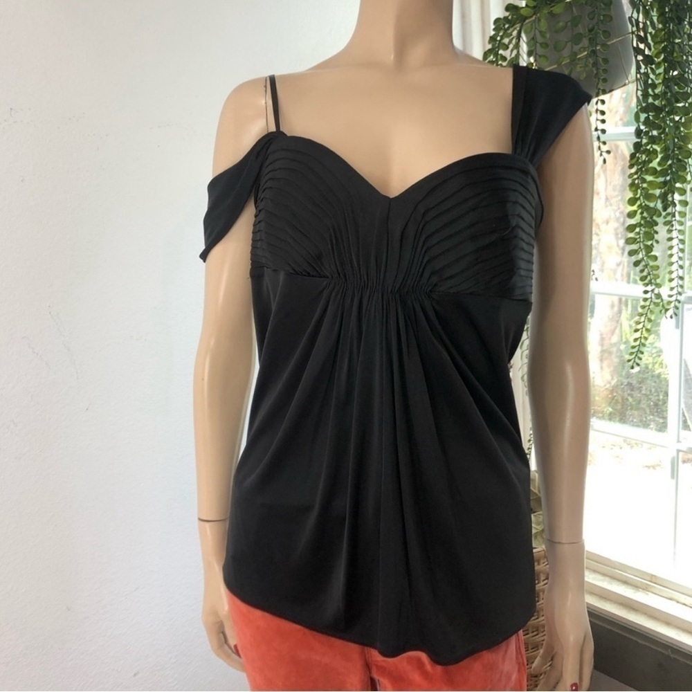 BCBGMAXAZRIA blouse wide strap V-neck black size:L